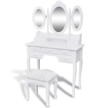 Toaletna miza s stolčkom in 3 ogledali bele barve