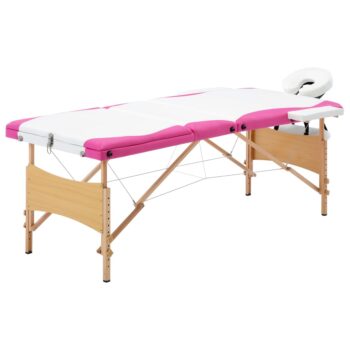 Zložljiva masažna miza 3-conska les bela in roza