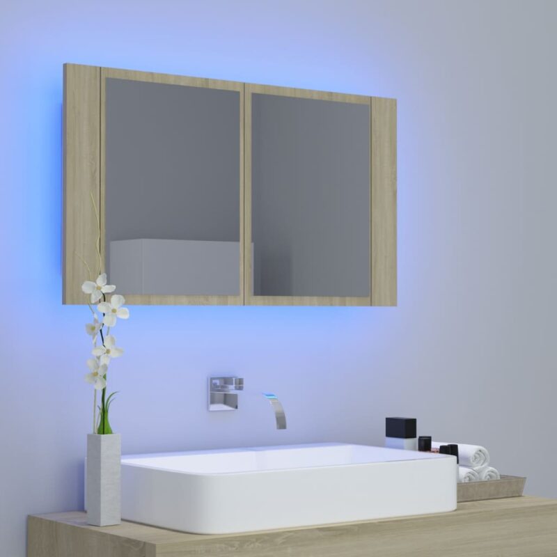 LED kopalniška omarica z ogledalom sonoma hrast 80x12x45 cm